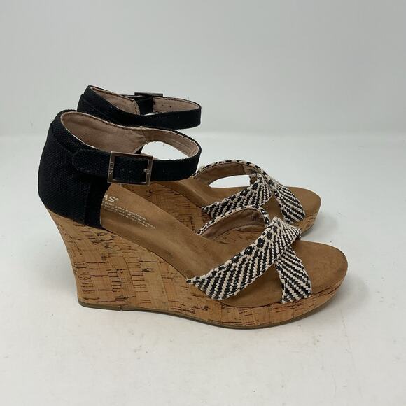 Toms Sienna Wedge Sandal Womens 7.5 Black Strappy Ankle Strap Cork Platform - Picture 5 of 13